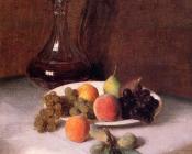 亨利 方丹 拉图尔 : A Carafe of Wine and Plate of Fruit on a White Tablecloth
